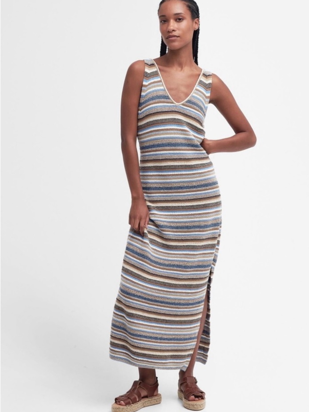 Barbour Striped V-Neck Maxi Dress in Blue, Tan & Cream